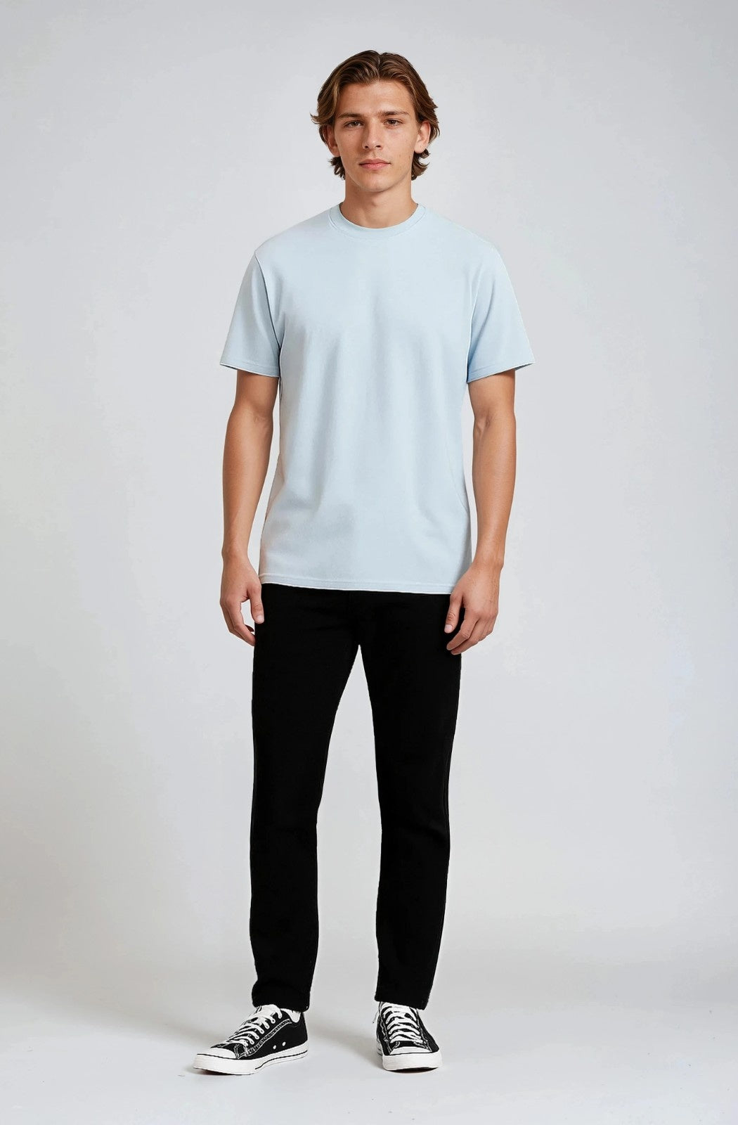 コットン製メンズTシャツ – 通気性のある短袖ラウンドネック – フォグブルー