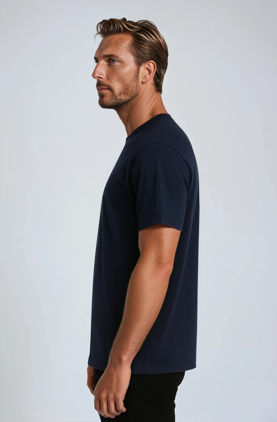 コットン製メンズTシャツ – 通気性のある半袖ラウンドネック – ネイビーブルー