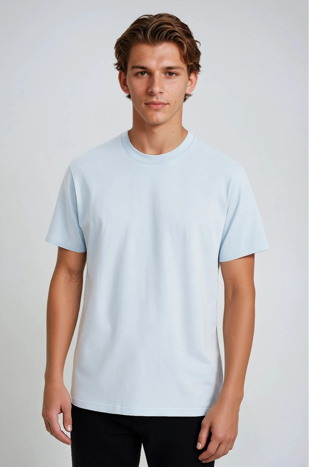 コットン製メンズTシャツ – 通気性のある短袖ラウンドネック – フォグブルー