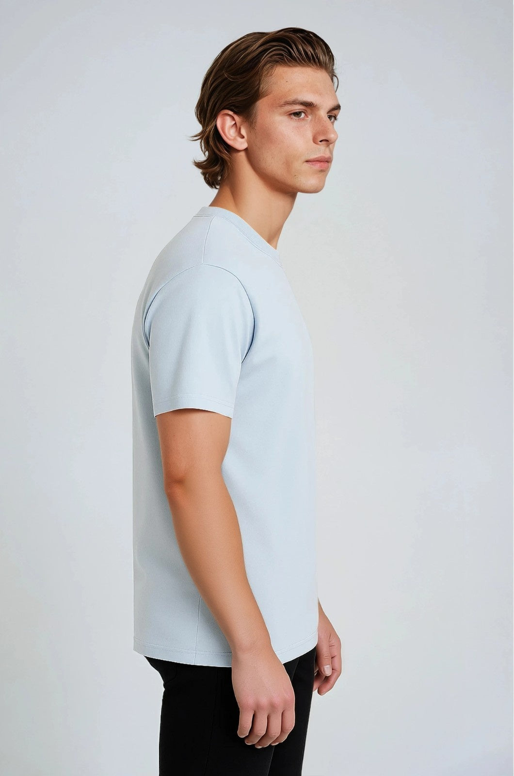 コットン製メンズTシャツ – 通気性のある短袖ラウンドネック – フォグブルー