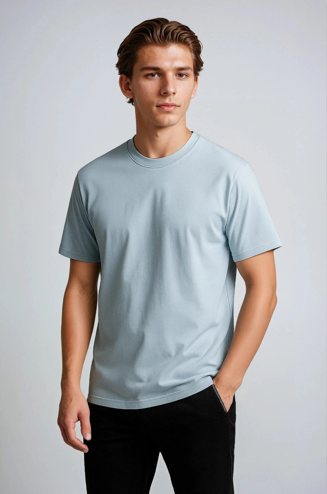 コットン製メンズTシャツ – 通気性のある短袖ラウンドネック – フォグブルー
