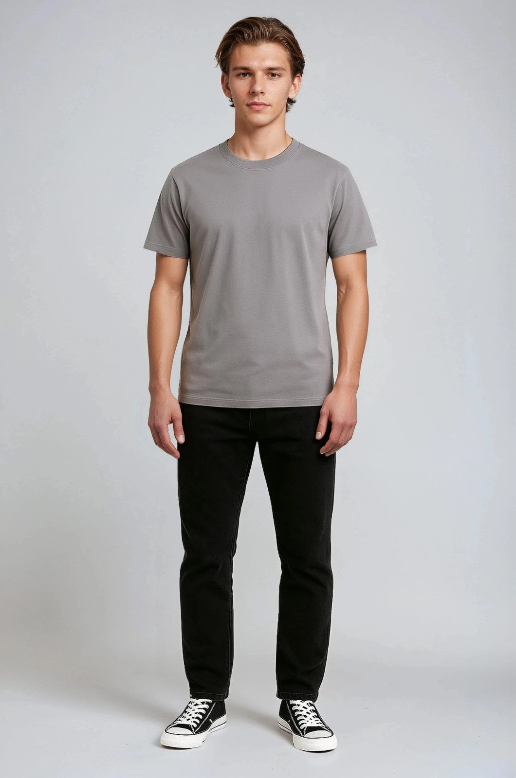 コットン製メンズTシャツ – 通気性のある半袖ラウンドネック – 鉄灰色