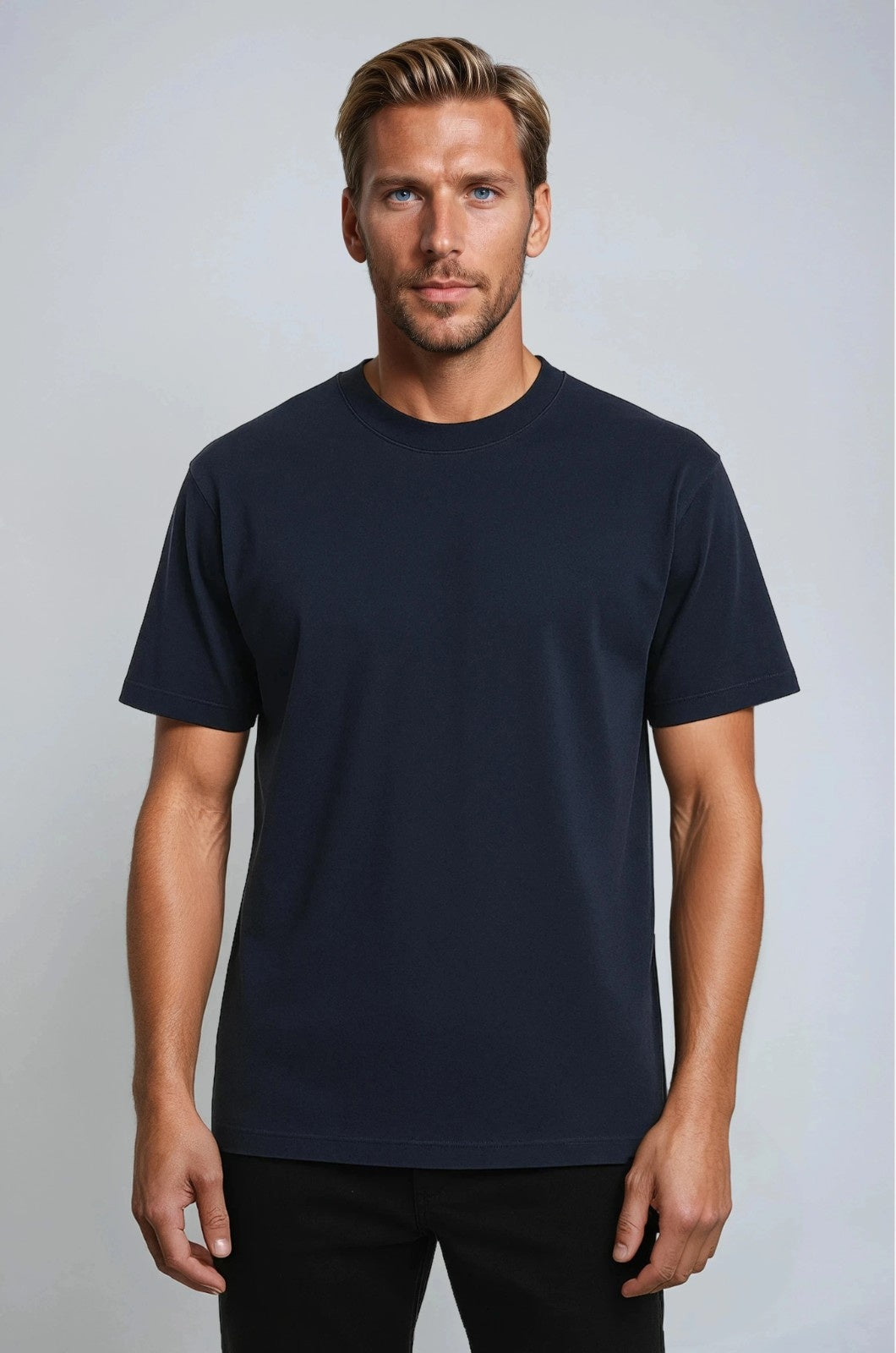 コットン製メンズTシャツ – 通気性のある半袖ラウンドネック – ネイビーブルー
